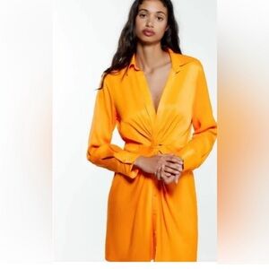 NWT Zara Orange Long Sleeve Collared Satin Dress